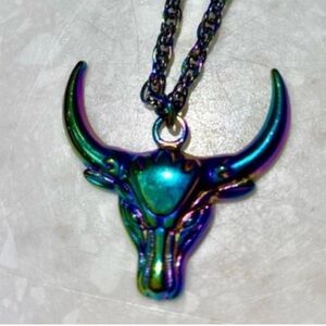 Enchanting HORN blue Emerald green metalic finish boho necklace western vibe